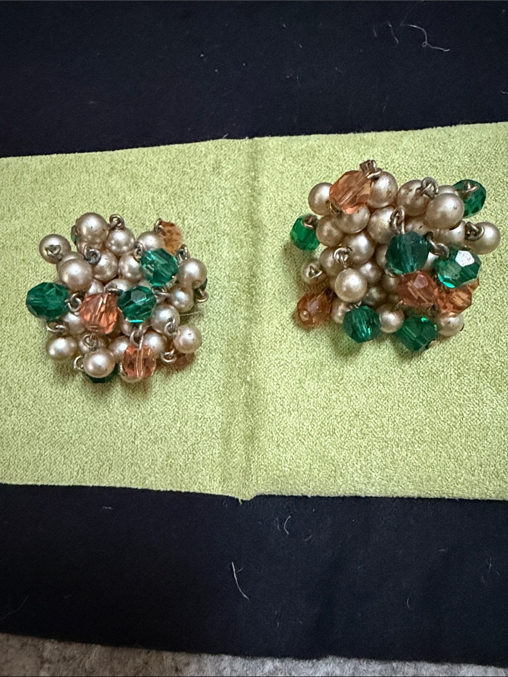 Source Unknown Pearl Cluster Earrings with Green and Peach Crystals